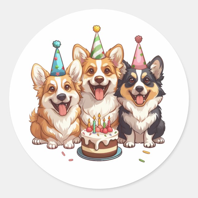 Pegatina Redonda Cumpleaños Corgi Dogs (Anverso)