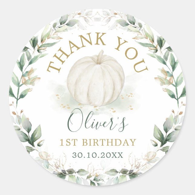 Pegatina Redonda Cumpleaños Corona de Oro Verde Salvia Calabaza Peq (Anverso)