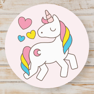 Pegatina Redonda Cumpleaños. Corta unicornio con corazones bonitos.