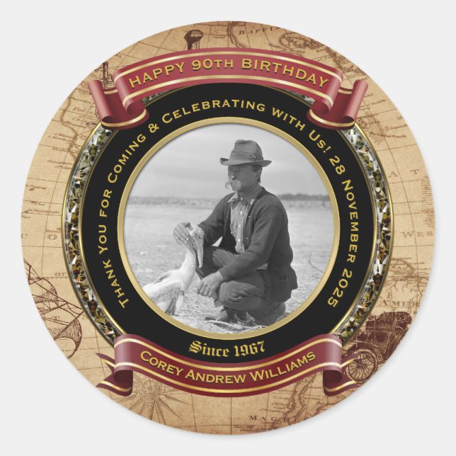 Pegatina Redonda Cumpleaños Cumpleaños Oro Foto Mapa Antiguo 90º An (Anverso)