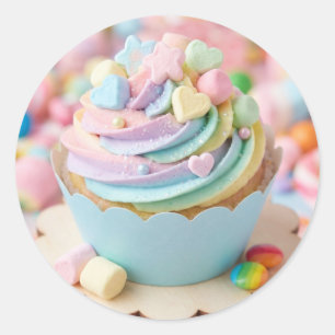 Pegatina Redonda Cumpleaños Cupcake Arcoíris Malvavisco Pastel