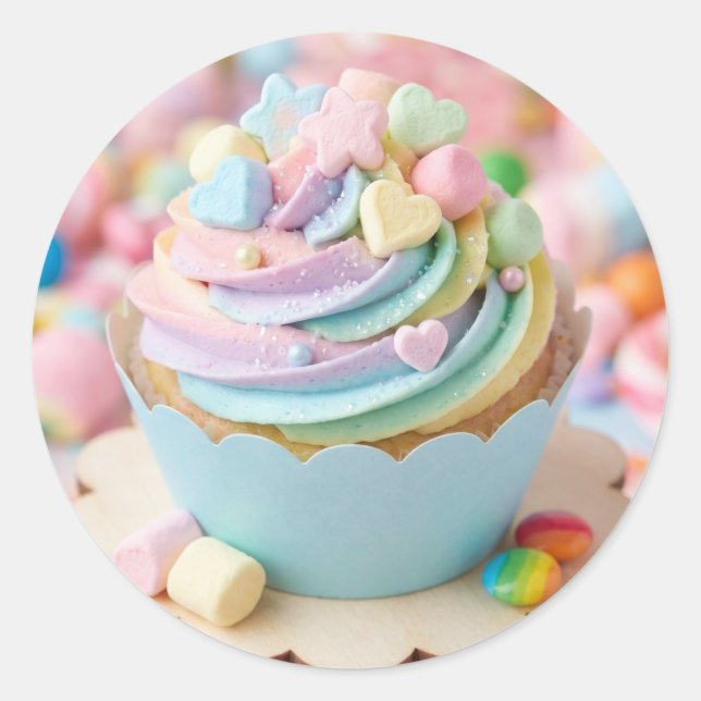 Pegatina Redonda Cumpleaños Cupcake Arcoíris Malvavisco Pastel (Anverso)