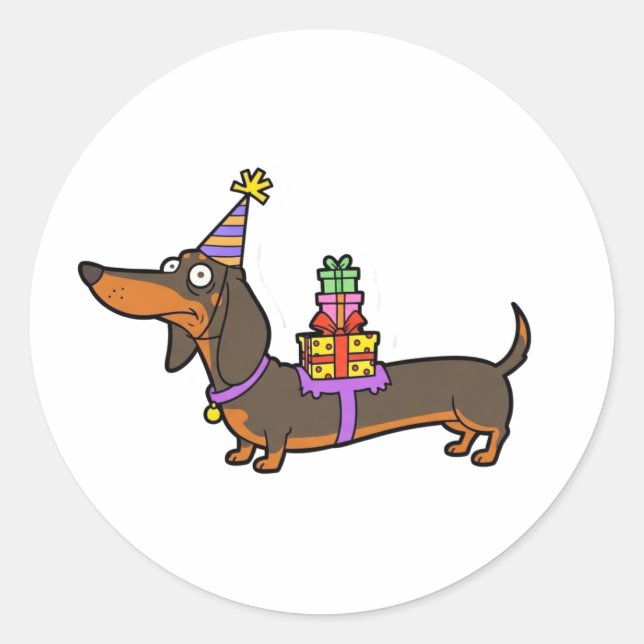 Pegatina Redonda Cumpleaños Dachshund con regalos (Anverso)
