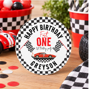 Pegatina Redonda Cumpleaños de 1 año de un niño con un coche de car