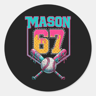 Pegatina Redonda Cumpleaños de béisbol con goteo de helado Mason 67