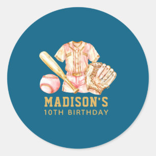 Pegatina Redonda Cumpleaños de béisbol lujo rosa oro