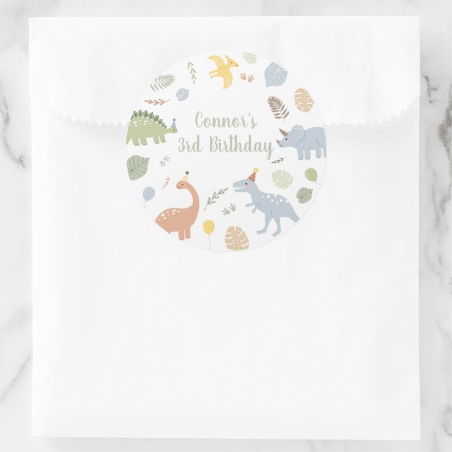 Pegatina Redonda Cumpleaños de Blue Boy Boho Dinosaur (Bolso)