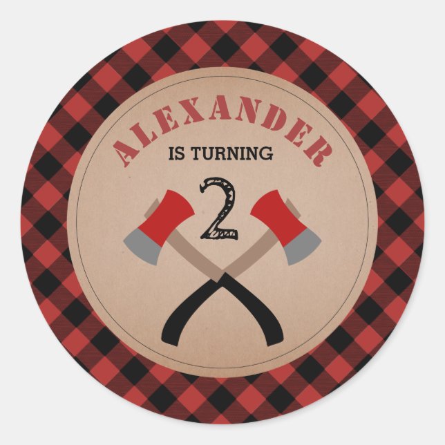 Pegatina Redonda Cumpleaños de Buffalo Plaid Ax Lumberjack (Anverso)