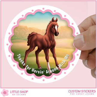 Pegatina Redonda Cumpleaños de caballo potro marrón Favor de agrade