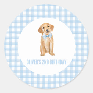 Pegatina Redonda Cumpleaños de cachorro preppy de cuadros