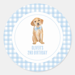 Pegatina Redonda Cumpleaños de cachorro preppy de cuadros