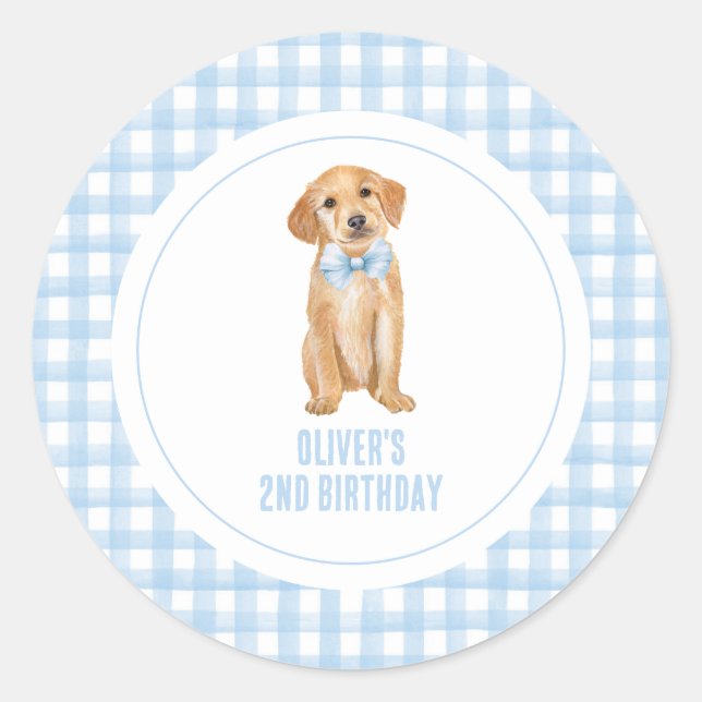 Pegatina Redonda Cumpleaños de cachorro preppy de cuadros (Anverso)