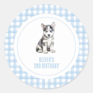 Pegatina Redonda Cumpleaños de cachorro preppy de cuadros