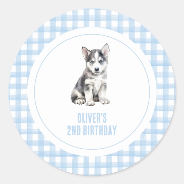 Pegatina Redonda Cumpleaños de cachorro preppy de cuadros (Anverso)