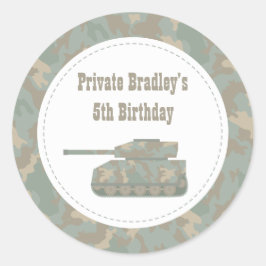 Pegatina Redonda Cumpleaños de Camuflaje Militar Tanque Ejército Fi