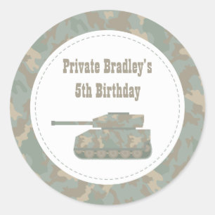 Pegatina Redonda Cumpleaños de Camuflaje Militar Tanque Ejército Fi