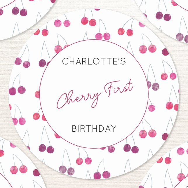 Pegatina Redonda Cumpleaños de Cherry personalizado con acuarela (Cherries Cherry First birthday personalized stickers)