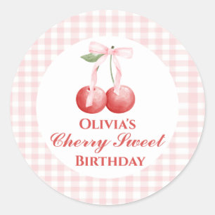 Pegatina Redonda Cumpleaños de Cherry Sweet con lazo rosa y gingham
