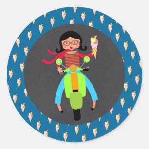 Pegatina Redonda Cumpleaños de chica de scooter italiano
