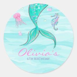 Pegatina Redonda Cumpleaños de Cola de Sirena Bajo el Mar