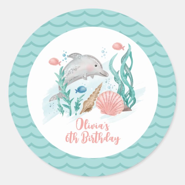 Pegatina Redonda Cumpleaños de delfín bajo el mar (Anverso)