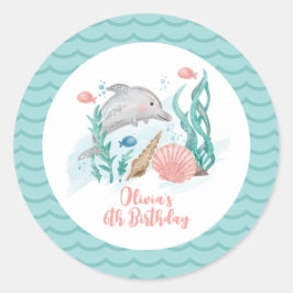 Pegatina Redonda Cumpleaños de delfín bajo el mar