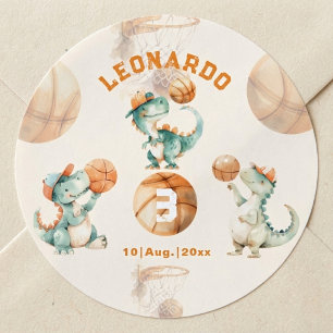 Pegatina Redonda Cumpleaños de Dino Boy de Baloncesto Rugir y Anota