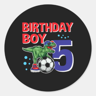 Pegatina Redonda Cumpleaños de dinosaurio niño 5 años fútbol de din