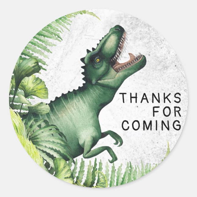 Pegatina Redonda Cumpleaños de Dinosaurio T-Rex, Gracias (Anverso)