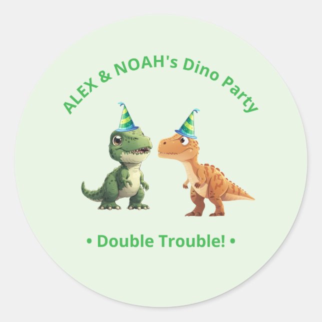 Pegatina Redonda Cumpleaños de Dinosaurios Gemelos Sticker Doble Pr (Anverso)