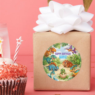 Pegatina Redonda Cumpleaños de dinosaurios para niños lindos