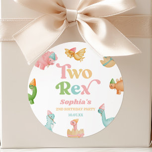 Pegatina Redonda Cumpleaños de dos Rex Dinosaurio segundo