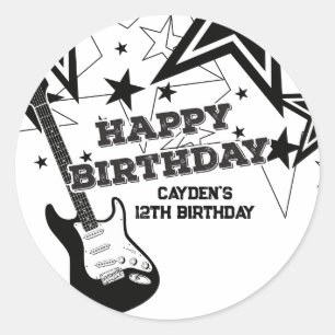 Pegatina Redonda Cumpleaños de estrella de rock guitarra negra blan