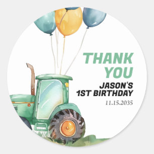 Pegatina Redonda Cumpleaños de Farm Green Tractor