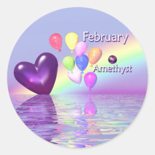 Pegatina Redonda Cumpleaños de Febrero Amethyst Heart