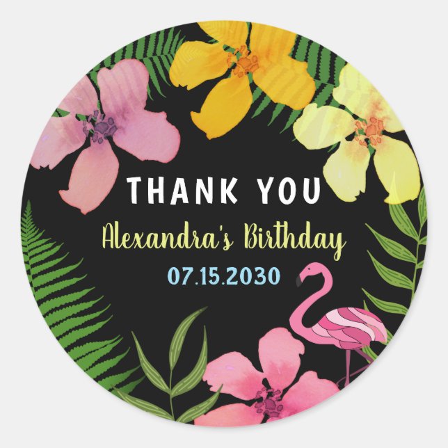 Pegatina Redonda Cumpleaños de Flamenco Tropical Gracias (Anverso)