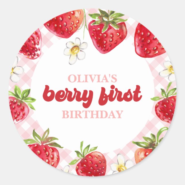Pegatina Redonda Cumpleaños de Fresa Primera Cumpleaños (Anverso)