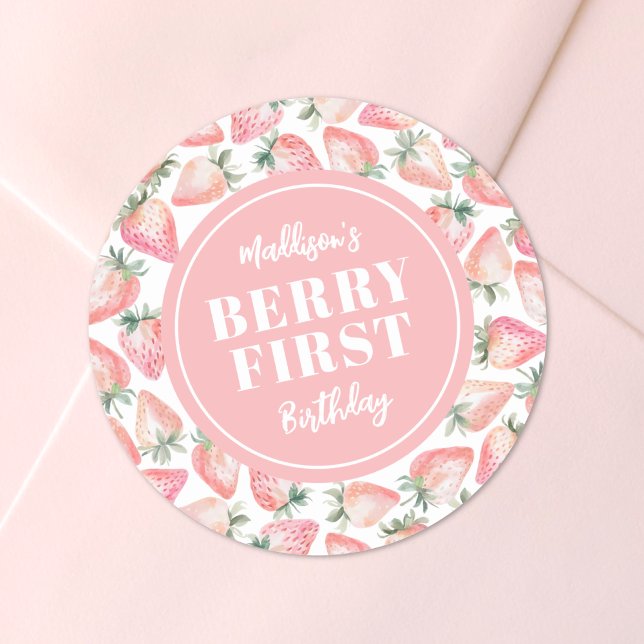 Pegatina Redonda Cumpleaños de Fresa y Bayas Primero 1º Fiesta de C (Strawberry Berry First 1st Birthday Party Classic Round Sticker )