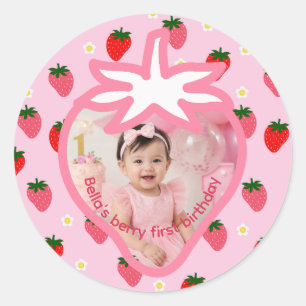 Pegatina Redonda Cumpleaños de Fresas Fiesta de Primer Cumpleaños