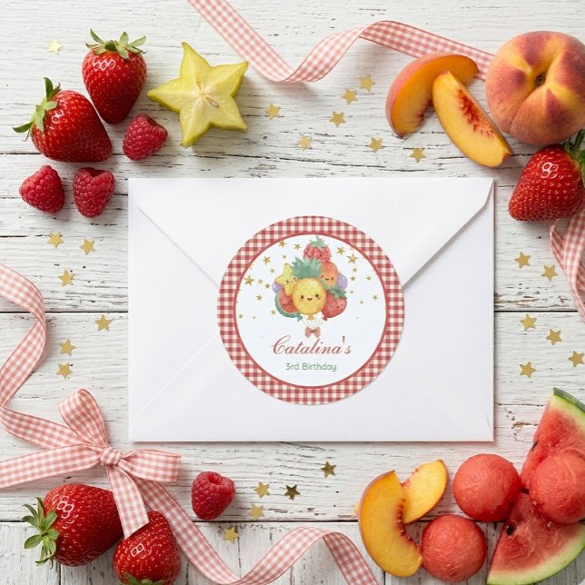 Pegatina Redonda Cumpleaños de Fruta Dulce | Fiesta Tropical para N (Subido por el creador)