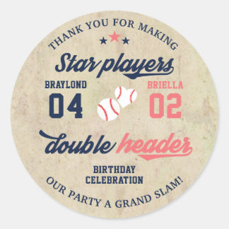 Pegatina Redonda Cumpleaños de gemelos o hermanos con doble jornada