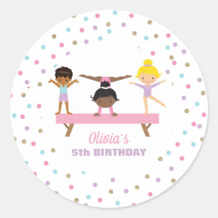 Pegatina Redonda Cumpleaños de gimnasia pastel