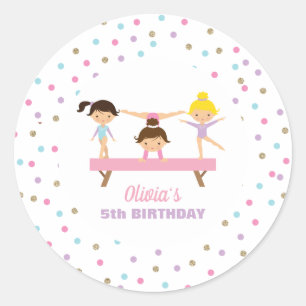 Pegatina Redonda Cumpleaños de gimnasia pastel
