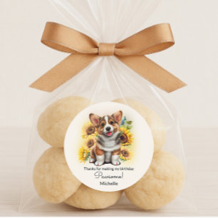 Pegatina Redonda Cumpleaños de girasoles y perro Corgi lindo