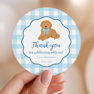 Pegatina Redonda Cumpleaños de Golden Doodle Favor de Agradecimient
