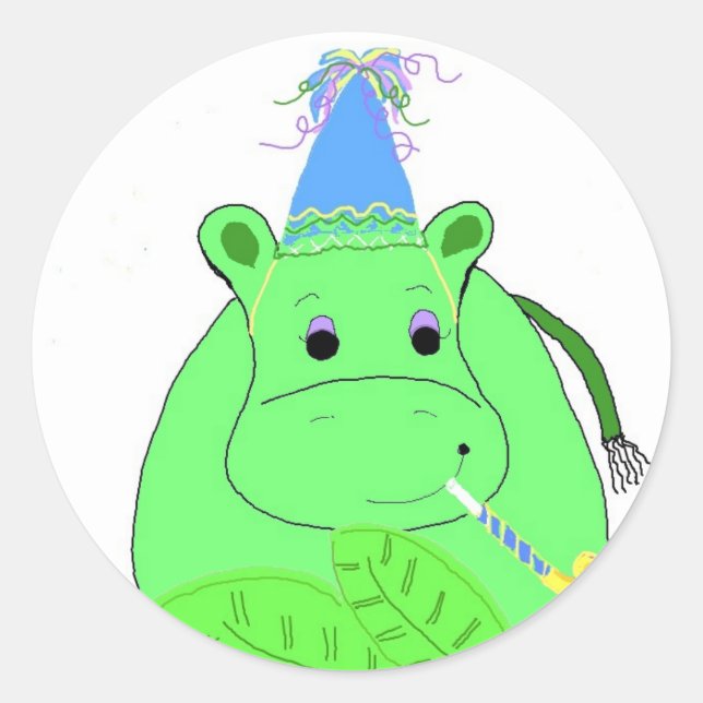 Pegatina Redonda Cumpleaños de Hipopótamo Verde (Anverso)