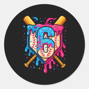 Pegatina Redonda Cumpleaños de Hugvyn 6 Baseball Helado Goteo Númer