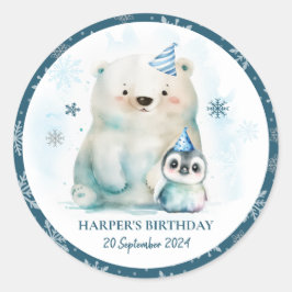 Pegatina Redonda Cumpleaños de Invierno de Pingüino y Oso Polar