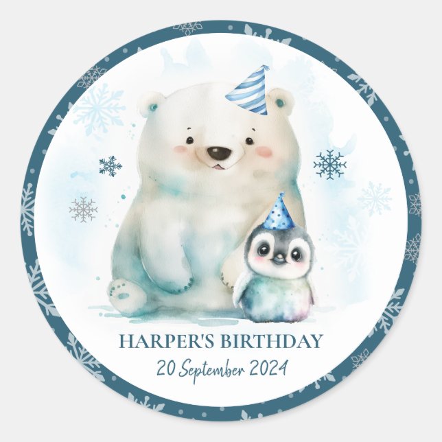 Pegatina Redonda Cumpleaños de Invierno de Pingüino y Oso Polar (Anverso)