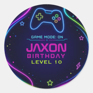 Pegatina Redonda Cumpleaños de jugador de videojuegos neon Sube de 